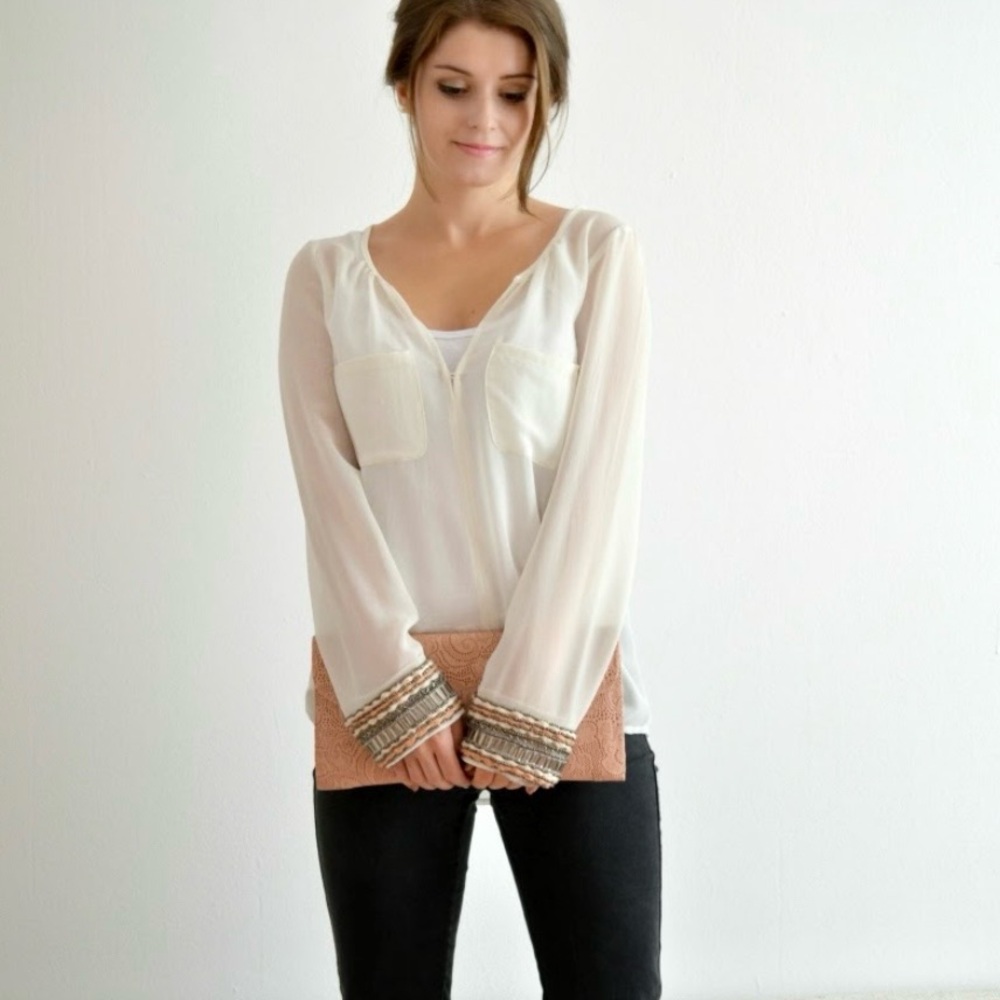 Sheer Long Sleeve Cream Blouse with Embellished Beaded Cuffs, Zara Sz Small